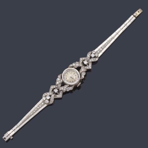  Reloj-joya 'Art Decó' con diamantes talla brillante y sencilla en montura de platino. Años '30.