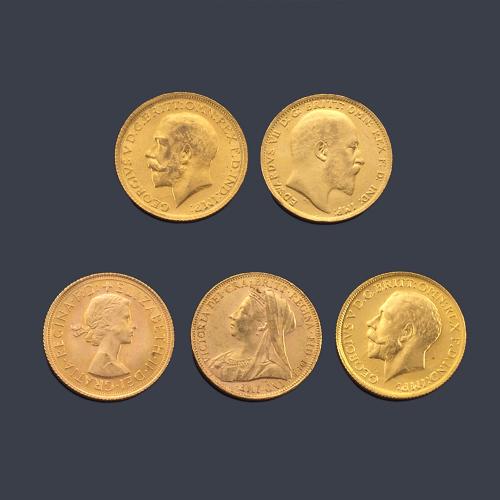  5 Monedas de libras inglesas en oro de 22 K.