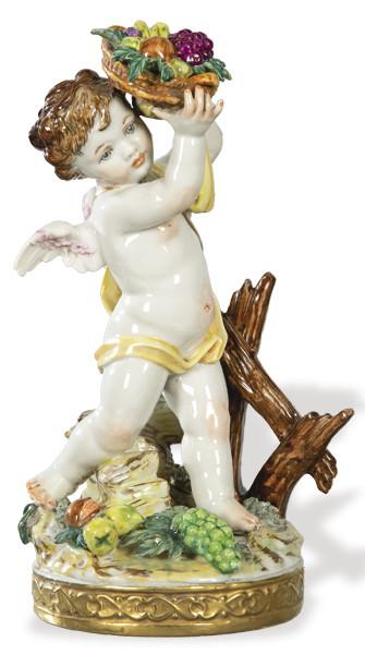  "Verano"
Figura alegórica, representando a un ángel con frutas, sobre base circular neoclásica en porcelana esmaltada de Algora. Con marca en la base. S. XX