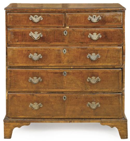 Lote 1083
Cómoda Jorge I en madera de nogal, con tapa moldurada sobre seis cajones con tiradores y escudos de cerradura en latón recortado y grabado. Inglaterra, h. 1720