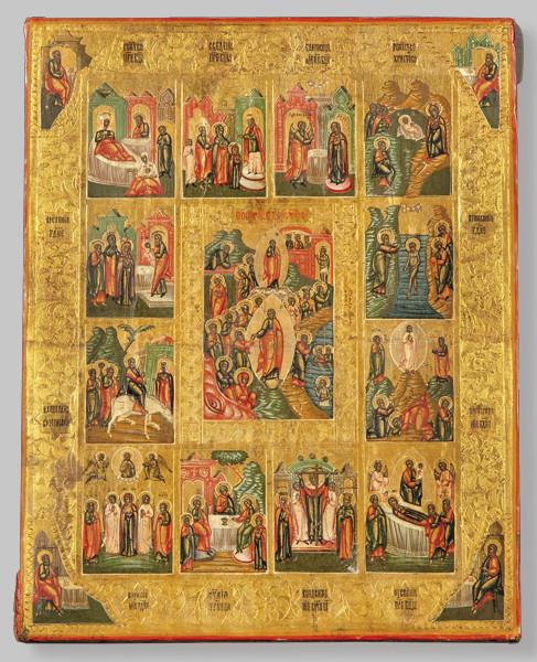  Escuela Rusa S. XIX
Icono pintado y dorado sobre tabla representando "La Vida de Jesús" en compartimentos con textos en cirílico.