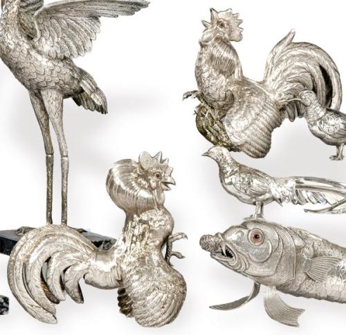  Pareja de gallos de plata española punzonada 1ª Ley.
