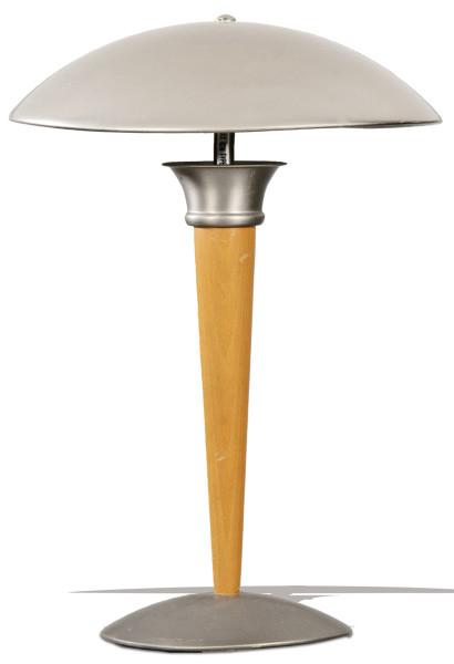  Lámpara de sobremesa tipo Mushroom en madera de haya y metal cromado, con dos luces, edición años 80, siguiendo modelos art decó.