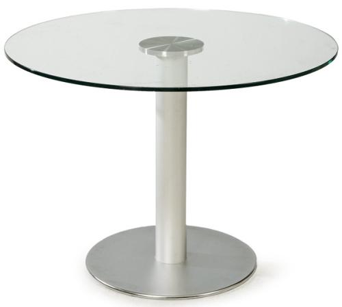 Lote 1352
Jesus Gasca, 1994 para STUA
Mesa de comedor modelo Zero con tapa de vidrio transparente redonda, sobre una columna central en acero inoxidable y base de acero.