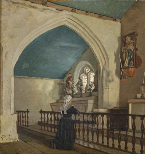  ESCUELA ESPAÑOLA S. XIX - Mujer rezando en una capilla
