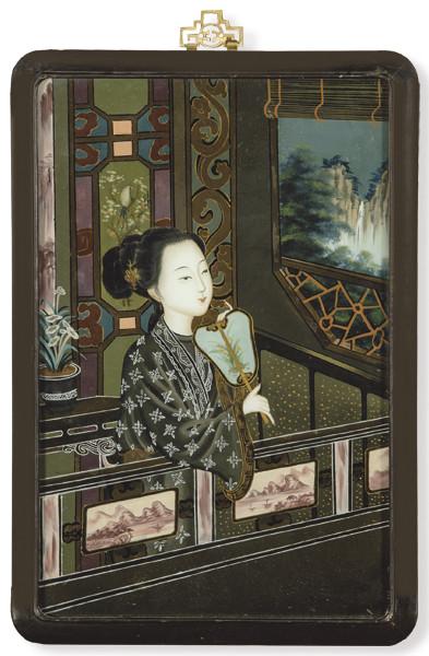  Pintura china bajo cristal "Mujer con pai-pai", Dinastía Qing ff. S. XIX.