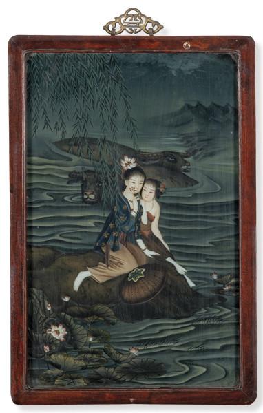  "Dos Niñas Entre Nenúfares". Pintura china bajo cristal, Dinastía Qing S. XIX