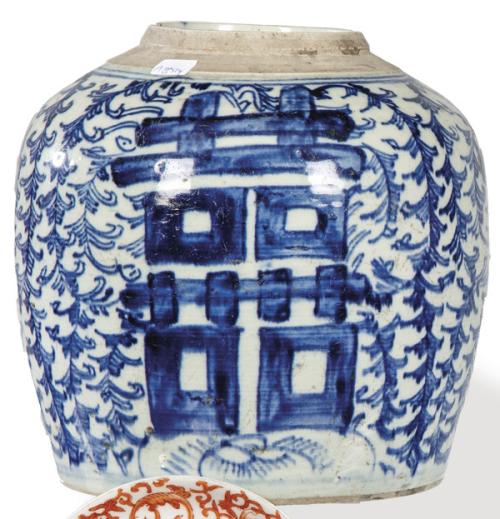  Bote de Jengibre de porcelana china azul y blanca, Dinastía Qing S. XIX.