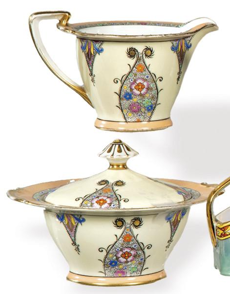  Azucarero y lechera de porcelana japonesa de Noritake con marca de Hermanos Morimura h. 1920-40.