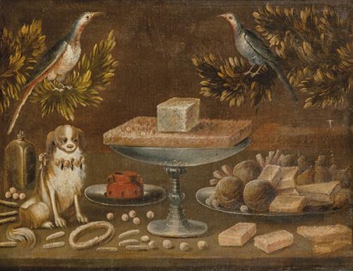 Lote 0105
ESCUELA MALLORQUINA S. XVIII - Bodegón con dulces, perro y pájaros