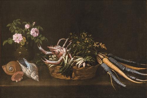 Lote 0106
ESCUELA ITALIANA S. XVII - Bodegón con jarrón de rosas, conchas y cesto de hortalizas