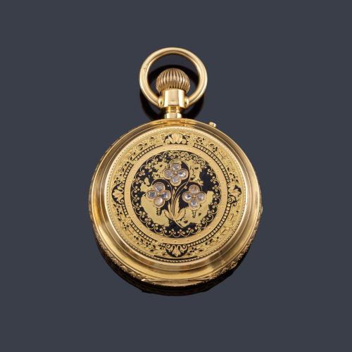 Lote 2518
MONTANDON FRERES, reloj saboneta con caja en oro amarillo de 18 K  con diamantes.