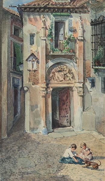 Lote 0048
ESCUELA ESPAÑOLA S. XIX - Niños jugando en la plaza de un pueblo