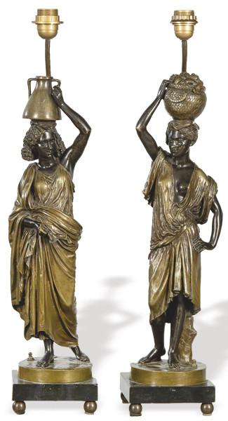 Lote 1035
Pareja esculturas de estilo clásico en bronce, adaptadas a lampara, siglo XIX. Firmadas CHARLES CUMBERWORTH