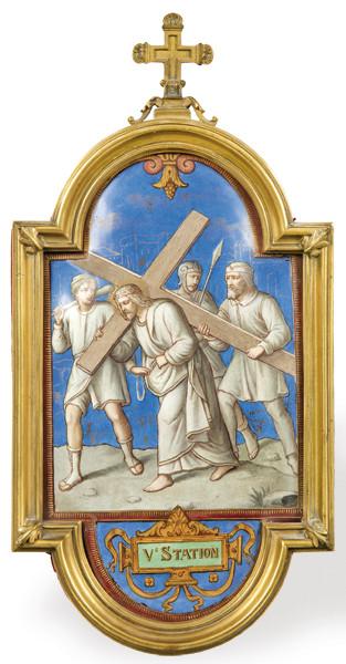 Lote 1113
Via Crucis, V Estación en esmalte, Francia ff. S. XIX pp. S. XX.
Con marco de bronce rematado en cruz.