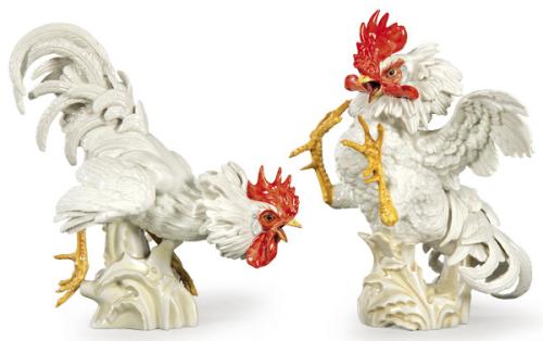  Pareja de gallos, de pelea de porcelana esmaltada de Algora