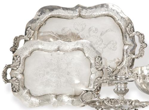  Dos bandejas de plata española punzonada una J. Heredia, Córdoba y otra de N. Mula y R. Martinez posiblemente Madrid, S. XIX.