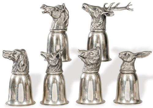  Juego de seis copas de metal plateado de Valenti con cabezas de animales de la fauna ibérica.