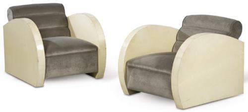 Lote 1278
Pareja de sillones Art Decó, con apoyabrazos en madera revestida de pergamino y tapicería de terciopelo marrón.
Años 40