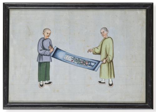 Lote 1363
"Dos Hombres Viendo un Rollo" pintados a Gouache sobre papel de arroz, China, Dinastía Qing S. XIX.