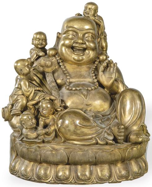  "Ho-Shang con Niños" en bronce dorado China,primer tercio S. XX.