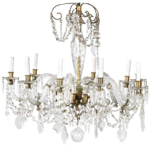  Lámpara de techo de 10 brazos de luz con pandelocas y sartas de cristal.
S. XX