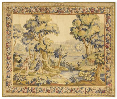  "Venus y Adonis"
Tapiz verdure realizado en lana y seda en el que se aprecia la escéna mitológica sobre un paisaje rodeado de árboles y un lago, todo ello recorrido con una greca de flores y hojas. En perfectas condiciones.
Francia, S. XVIII