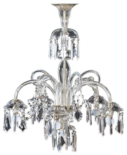  Lámpara de techo de seis brazos de luz con pandelocas de cristal. S. XX