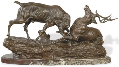  Siguiendo a Thomas Francois Cartier (Francia 1879-1943)
"Lucha de Ciervos" mediados S. XX
Escultura de bronce patinado