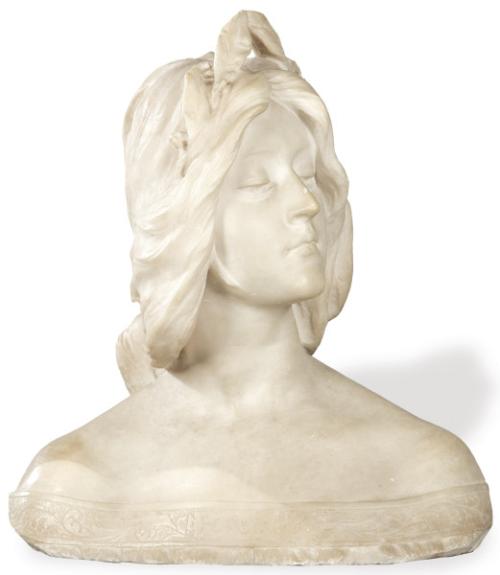  E. Fiazochi? Italia h. 1900
"Poesia"
Busto de alabastro tallado. Firmado y titulado. Siguiendo el modelo de Pietro Bazzanti (Italia 1825-1895).