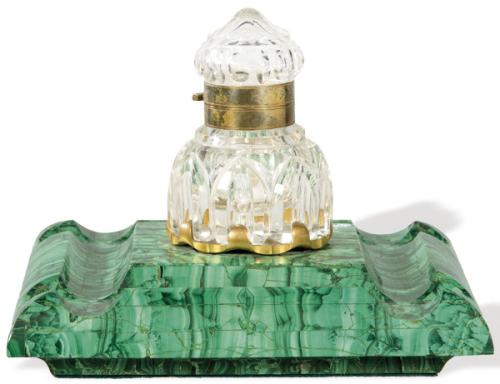 Lote 1428
Tintero Art Deco de malaquita y cristal, Francia h. 1930.