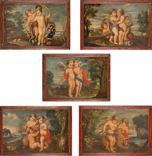 Lote 0096
ESCUELA FRANCESA S. XVIII - Serie de alegorías con la representación de la razón, la Justicia, la Fidelidad, la Fortaleza y la Concordia