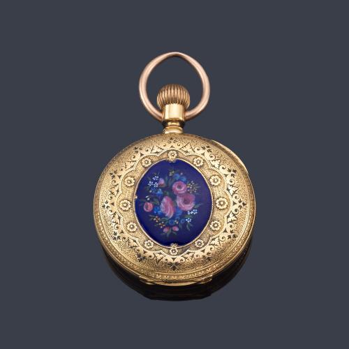  Reloj cazador de colgar con caja en oro amarillo de 18 K y esmalte azul.