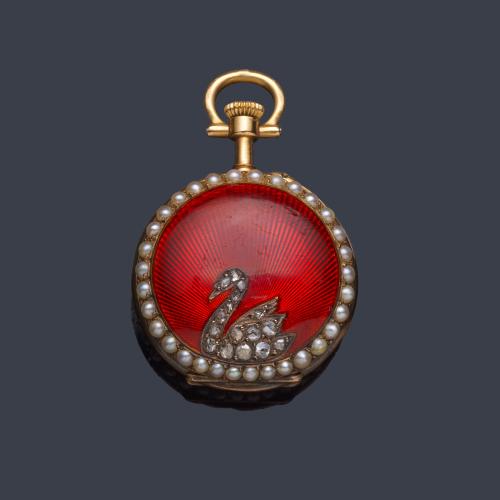  Reloj lepin de colgar con caja en oro amarillo de 18 K, esmalte guilloche, diamantes talla antigua y perlitas.
