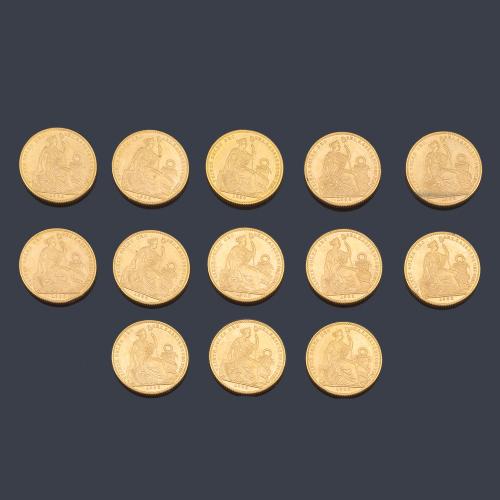  13 Monedas (arras) de 20 Soles República de Perú en oro de 22 K. con estuche.