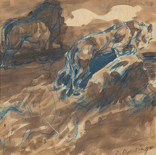 Lote 0052
ROBERTO DOMINGO Y FALLOLA - Estudio de león y leona en un paisaje