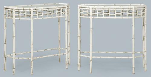  Pareja de consolas en madera de bambú pintada de blanco. S. XX