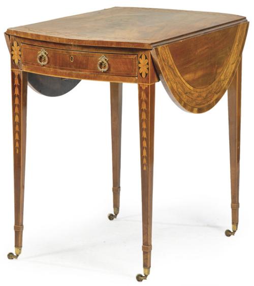  Mesa “Pembroke” Jorge III, c. 1800, en palma de caoba con cajón en cintura, marquetería de frutal y patas en estípite sobre roldanas.