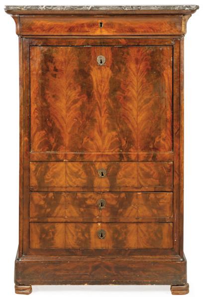  Secretaire "a abattant" Louis Philippe, en madera de caoba y palma de caoba, con tapa de mármol negro. Francia, mediados S. XIX