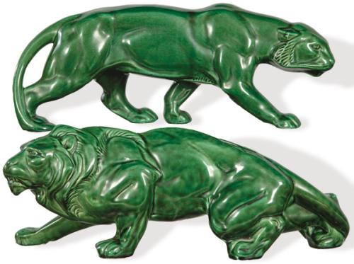  León y leona de cerámica vidriada en verde, estilo Art Deco