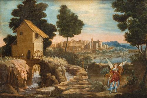 Lote 0110
ESCUELA ESPAÑOLA FNS. S. XVIII - Paisaje con San Rafael