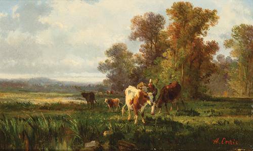 Lote 0122
ANDRÉS CORTES Y AGUILAR - Paisaje con vacas pastando