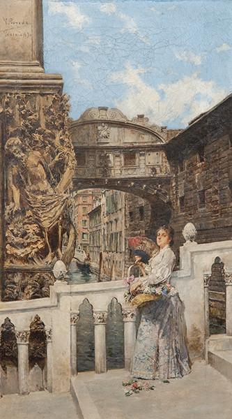 Lote 0128
VICENTE POVEDA Y JUAN - Joven dama frente al Puente de los Suspiros de Venecia