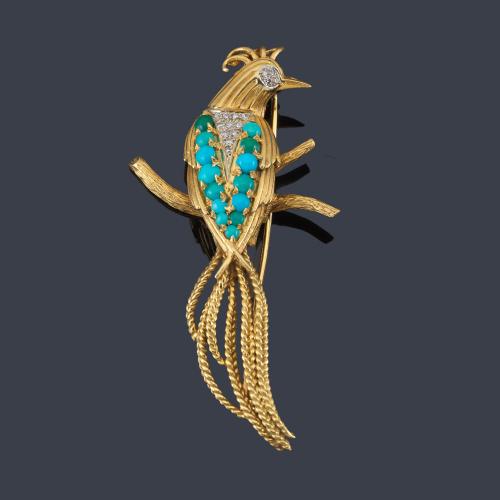Lote 2381
Broche en forma de Ave del Paraíso con turquesas y brillantes en montura de oro amarillo de 18K. Años '70.