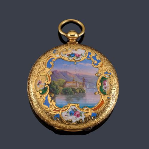 Lote 2528
LE ROY a París, caja en oro amarillo de 18 K y esmalte.