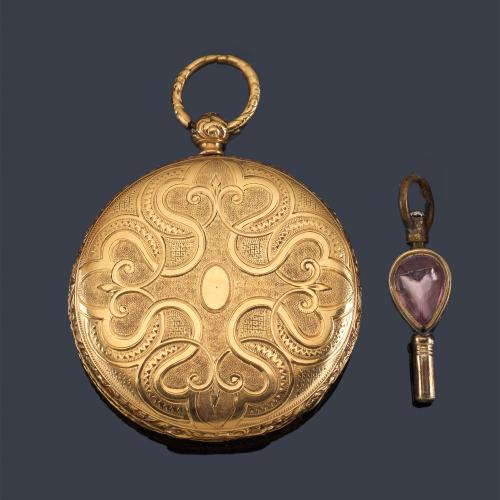 Lote 2537
Reloj saboneta de colgar con caja en oro amarillo de 18 K.