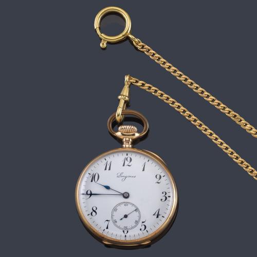 Lote 2543
LONGINES, reloj lepin con caja en oro amarillo de 18 K con leontina. Con estuche.
