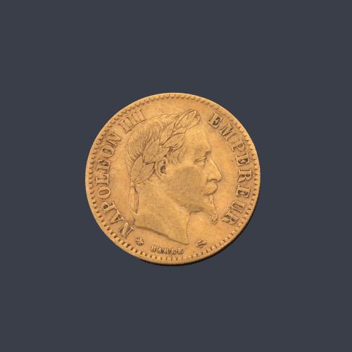 Lote 2609
Moneda Napoleón III 10 francos franceses 1865 en oro de 22 K.