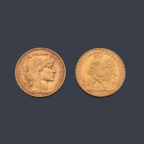 Lote 2610
Dos monedas de 20 francos República Francesa en oro de 22 K.