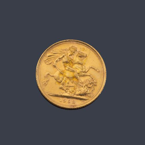 Lote 2611
Moneda Isabel II, libra en oro de 22 K.